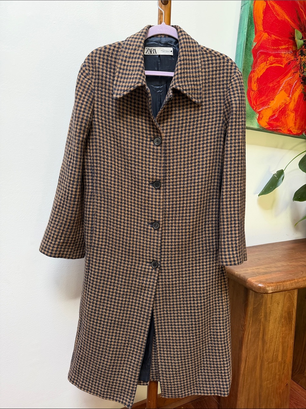 Zara Houndstooth Plaid Brown and Black Wool Blend Coat XS
